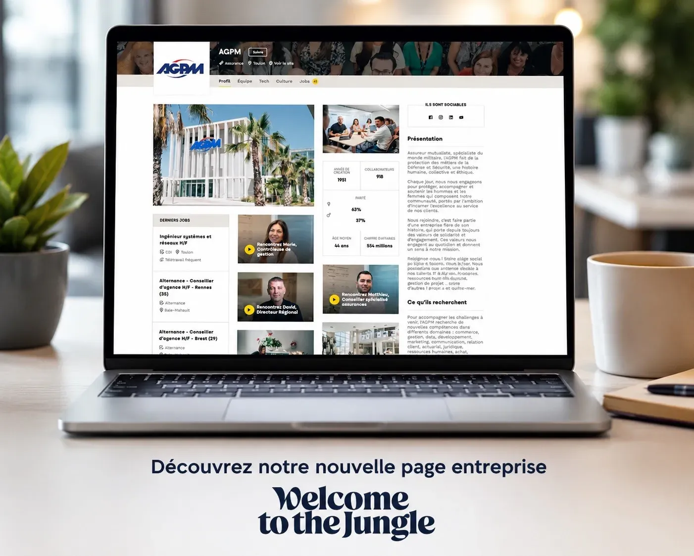 Ecran d'ordinateur présentant la nouvelle page vitrine AGPM sur Welcome to the jungle